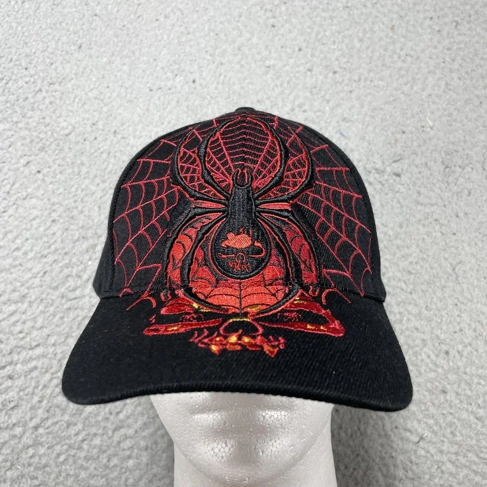 Hot Leathers Hat Cap Snap Back One Size Mens Black Spider Web Skull Biker Horror - Picture 1 of 6